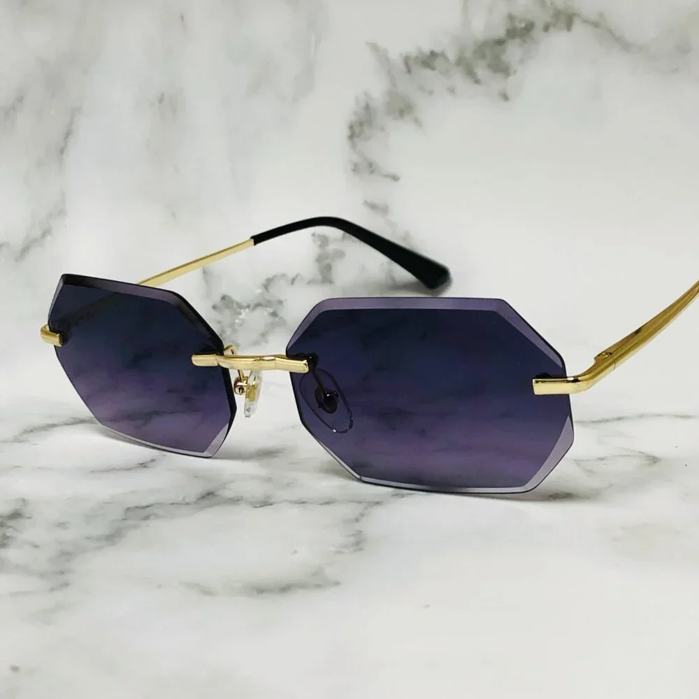 Men Sunglasses Gradient Black Lens Rimless Luxury Retro Shades Gold Metal Lentes